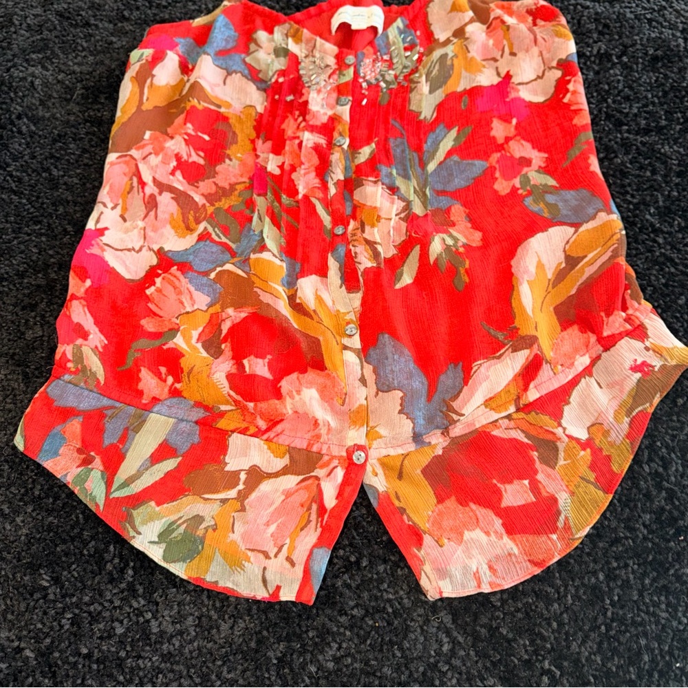 Abercrombie & Fitch Floral Cami Red Pink Button Front Spaghetti Strap Top S - Picture 7 of 12